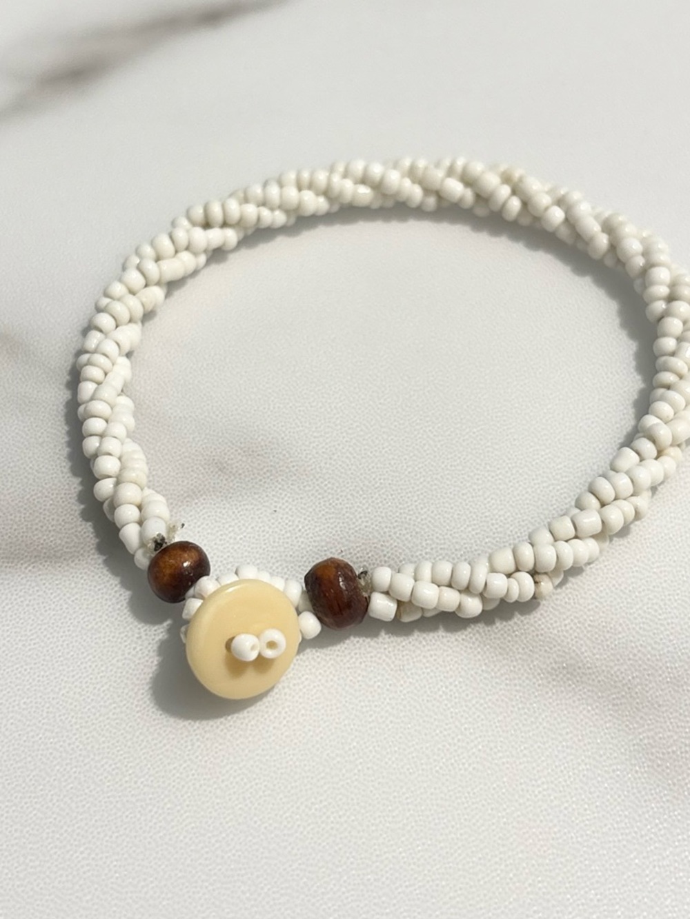 Artisan White Twisted Seed Bead Bracelet With Ivory Color Button Wooden Accents